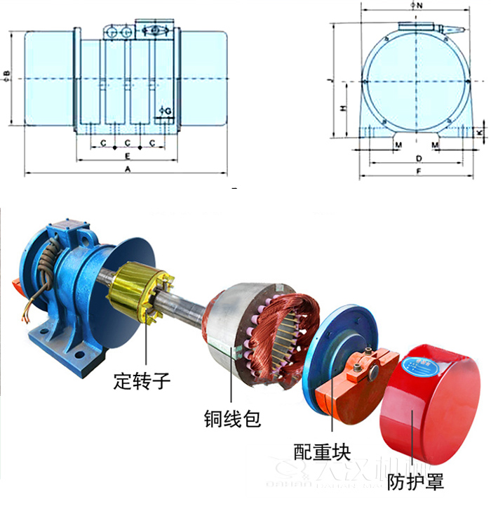 YZS振動電機(jī)內(nèi)部主要部件：定轉(zhuǎn)子，銅線包，配重塊，防護(hù)罩。